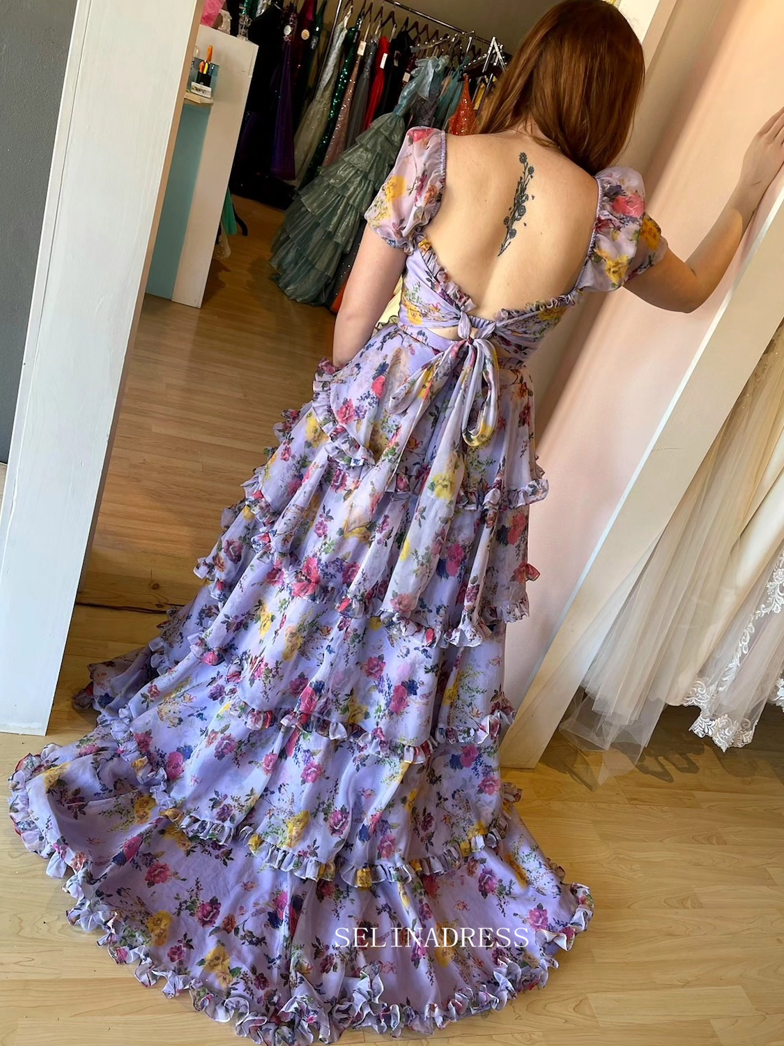 Two Piece Lilac Floral Print Prom Dress With Flowing Layers sew1047 SELINADRESS Two Piece Lilac Floral Print Prom Dress With Flowing Layers sew1047 SELINADRESS
