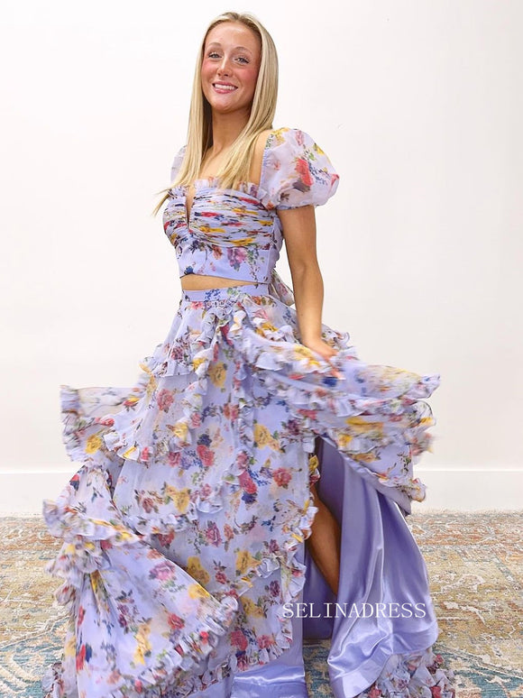 Two Piece Lilac Floral Print Prom Dress With Flowing Layers sew1047|Selinadress