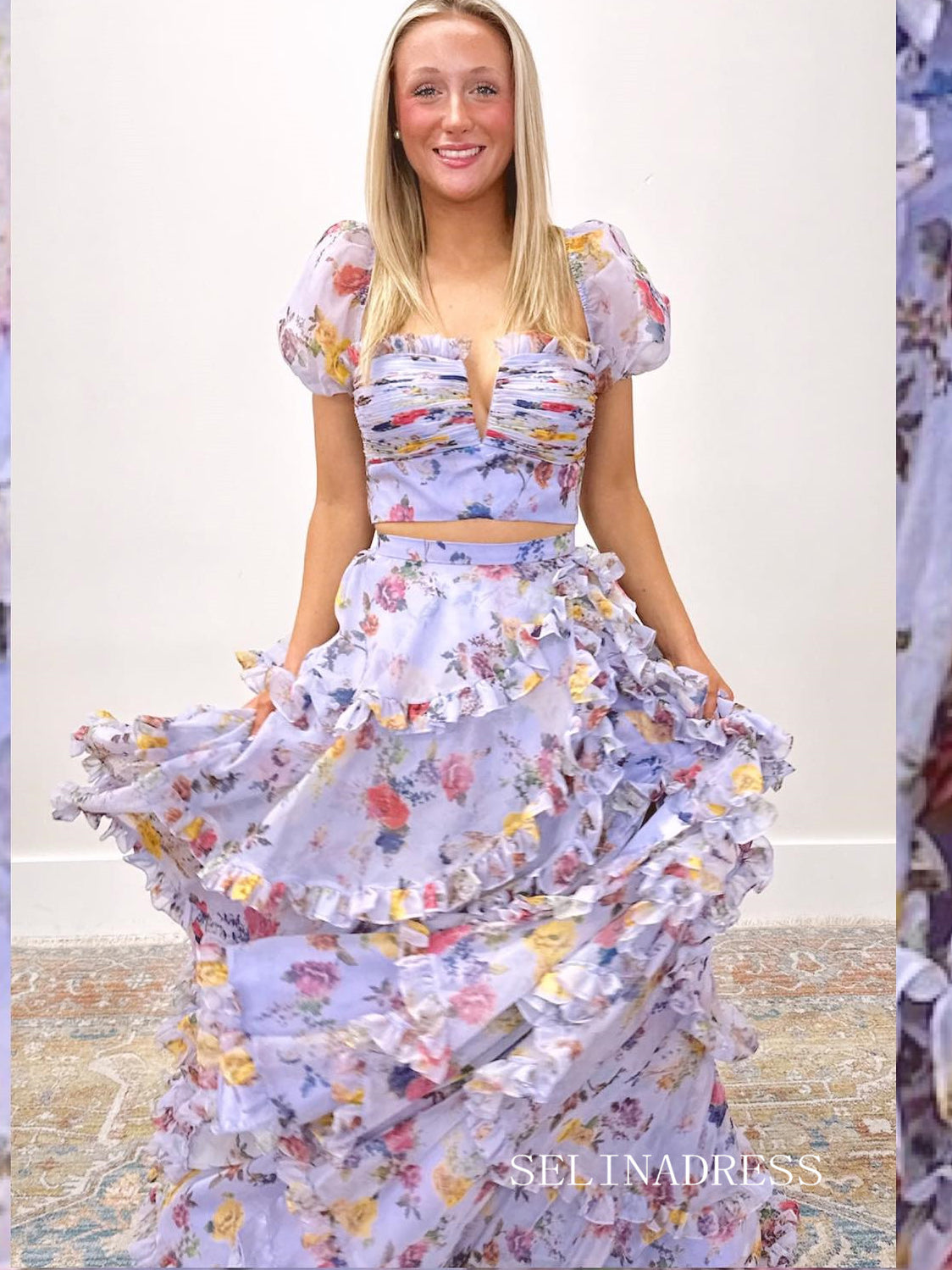 two piece flower prom dress Halter Backless Pink Lace Prom Dresses Two Piece Floral Formal Dress ARD2019