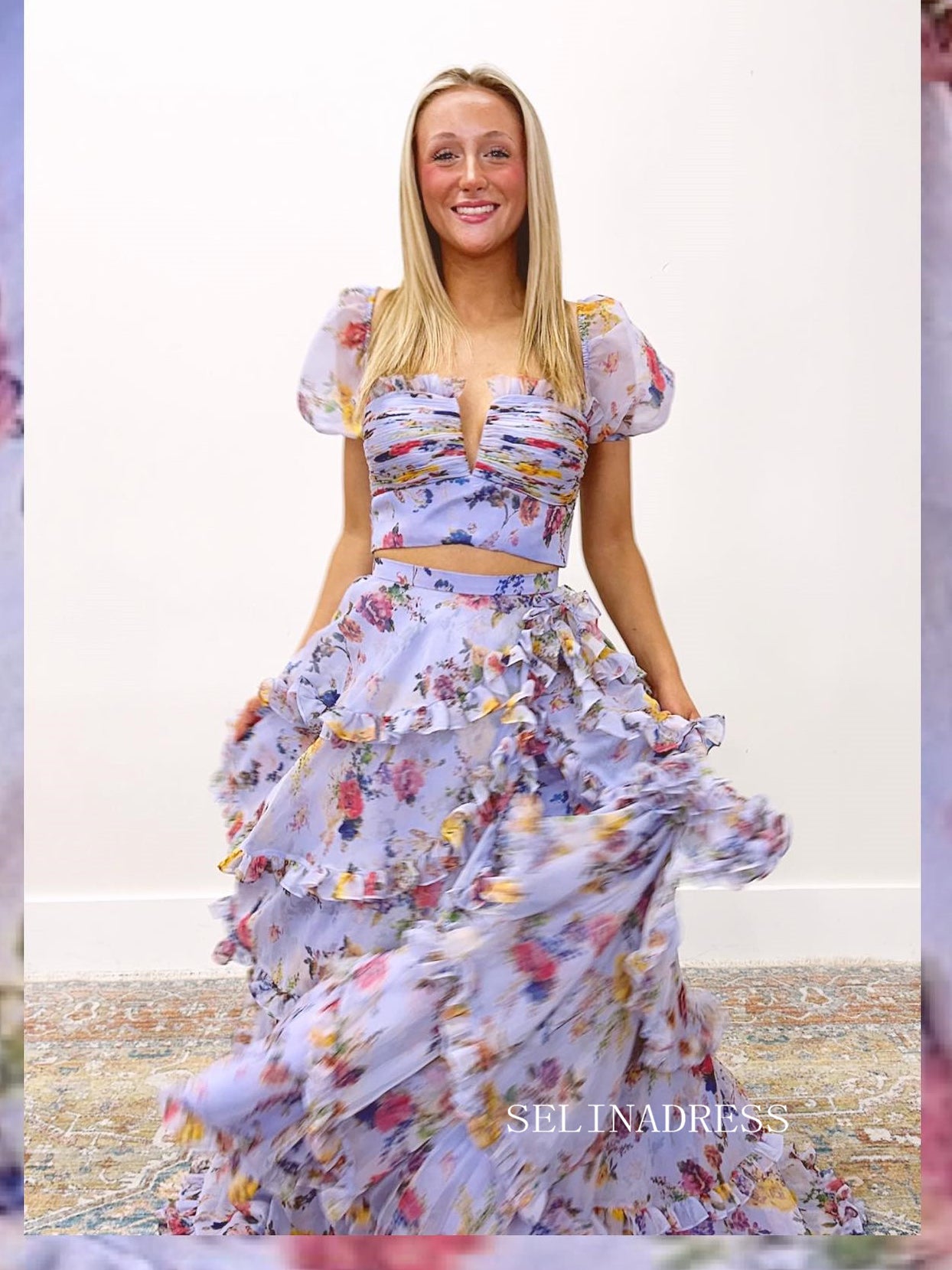 Two Piece Lilac Floral Print Prom Dress With Flowing Layers sew1047 SELINADRESS Two Piece Lilac Floral Print Prom Dress With Flowing Layers sew1047 SELINADRESS
