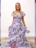 Two Piece Lilac Floral Print Prom Dress With Flowing Layers sew1047