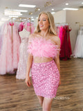 Two Pieces Pink Feather Homecoming Dresses Beaded Tight Cocktail Dresses #TKL0144|Selinadress
