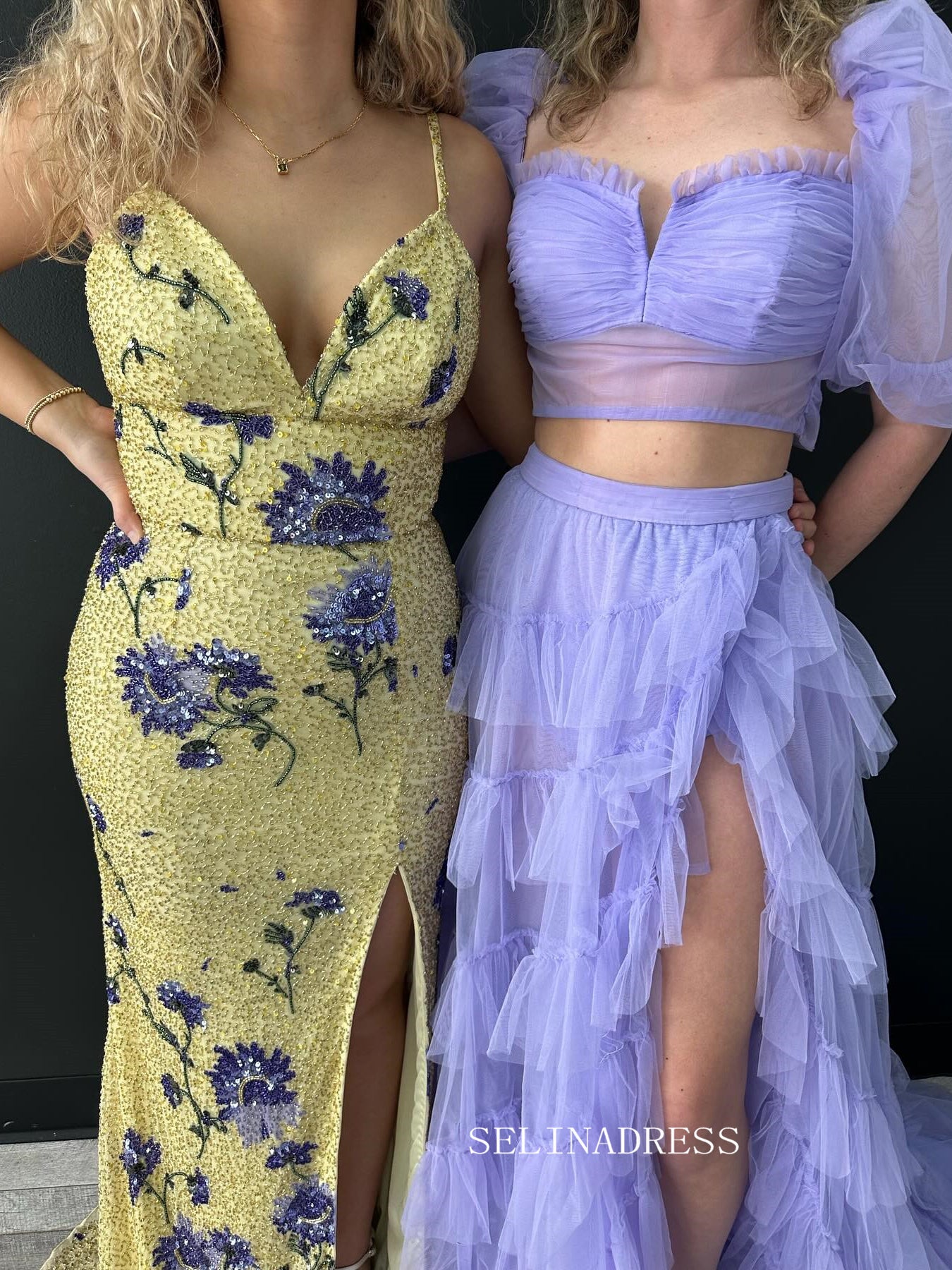 Two Pieces Tulle Prom Dresse Long Ball Gown with Puffy Sleeves for Tee SELINADRESS Two Pieces Tulle Prom Dresse Long Ball Gown with Puffy Sleeves for Tee SELINADRESS