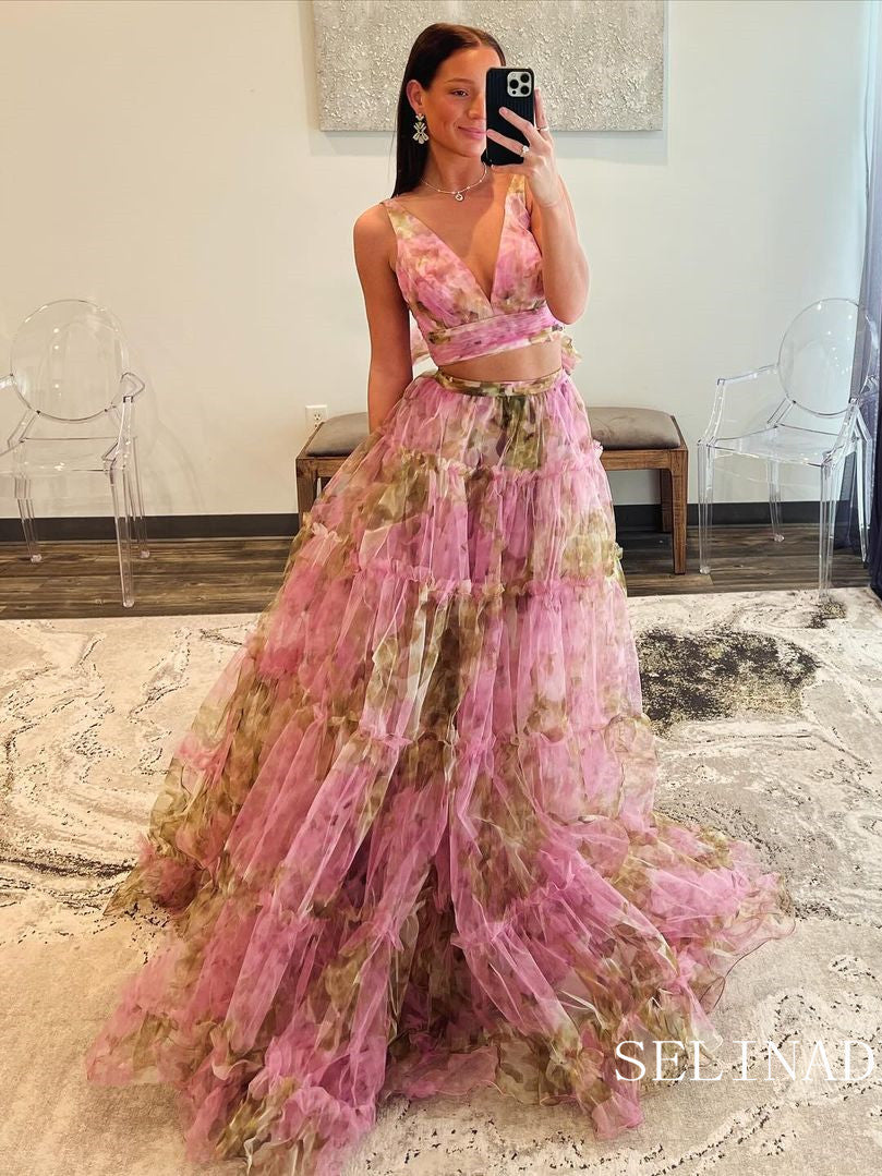 Two Pieces V neck Pink Floral Evening Dress Long Prom Dress sew0613 SELINADRESS Two Pieces V neck Pink Floral Evening Dress Long Prom Dress sew0613 SELINADRESS