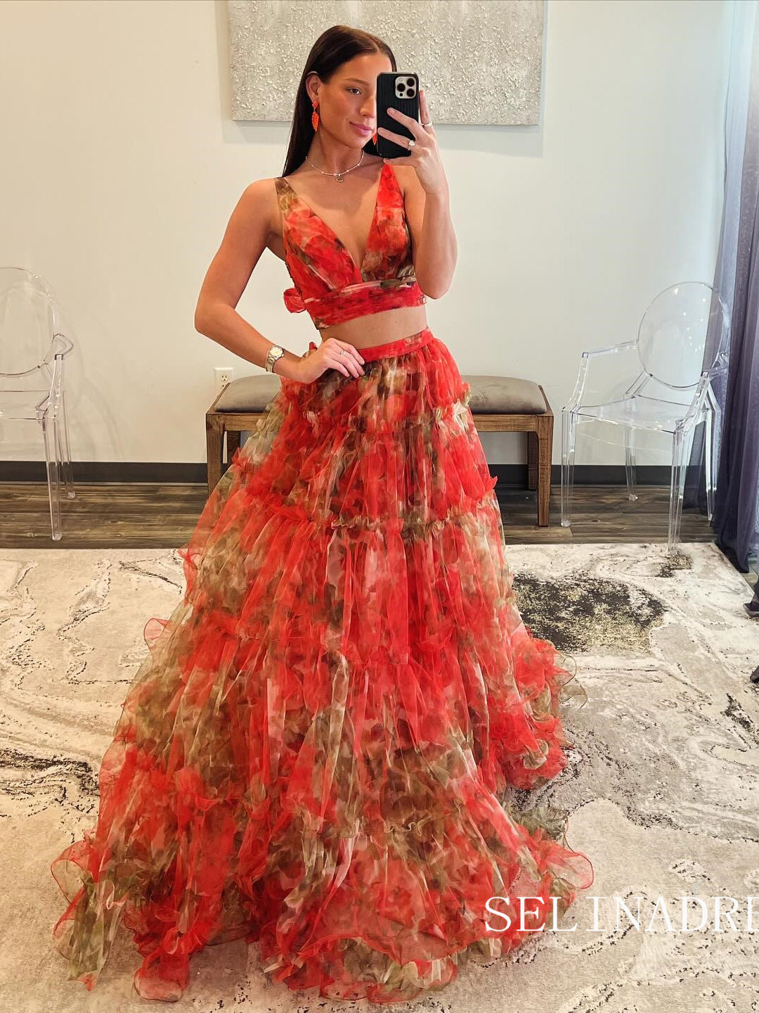 Floral Ball Gown Two Piece Fairytale Two-piece 3D Flowers Orange Engagement Ball Gown VQ Floral Ball Gown Two Piece Fairytale Two-piece 3D Flowers Orange Engagement Ball Gown VQ