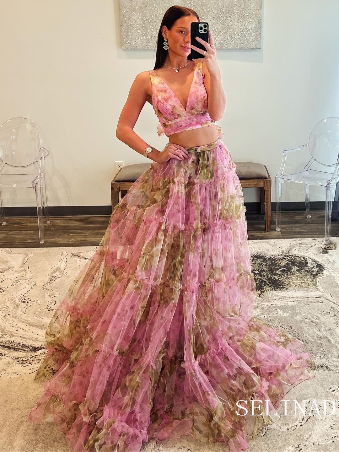 Two Pieces V neck Pink Floral Evening Dress Long Prom Dress sew0613 Two Pieces V neck Pink Floral Evening Dress Long Prom Dress sew0613