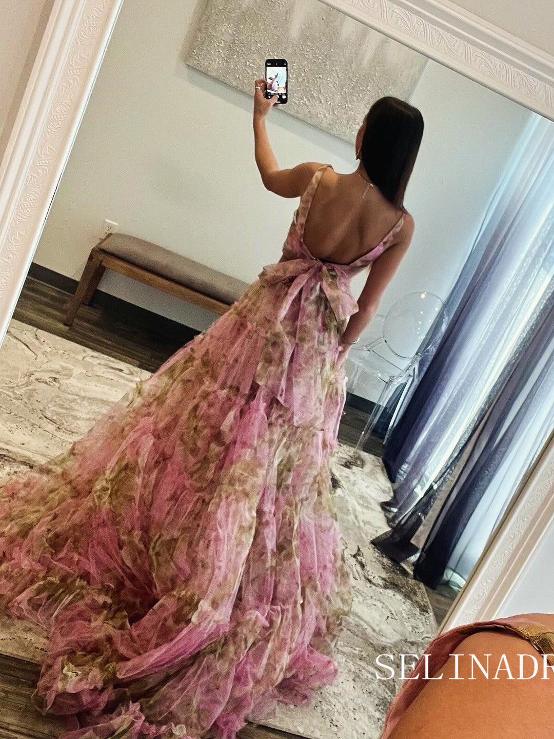 Two Pieces V neck Pink Floral Evening Dress Long Prom Dress sew0613 SELINADRESS Two Pieces V neck Pink Floral Evening Dress Long Prom Dress sew0613 SELINADRESS