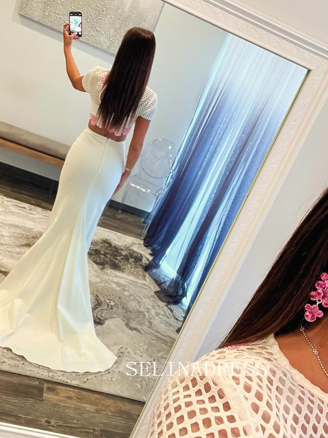 Two Pieces White Mermaid Long Prom Dresses Short Sleeve Evening Dress SELINADRESS Two Pieces White Mermaid Long Prom Dresses Short Sleeve Evening Dress SELINADRESS