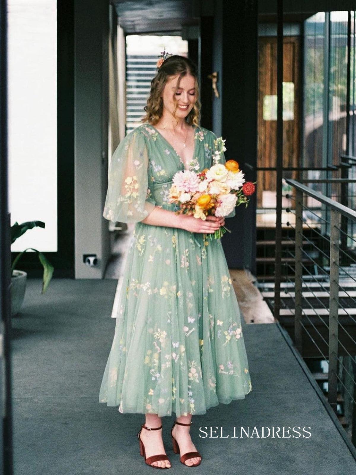 V neck Half Sleeve Flower Prom Dress Tea Length Green Evening Dresses SELINADRESS V neck Half Sleeve Flower Prom Dress Tea Length Green Evening Dresses SELINADRESS