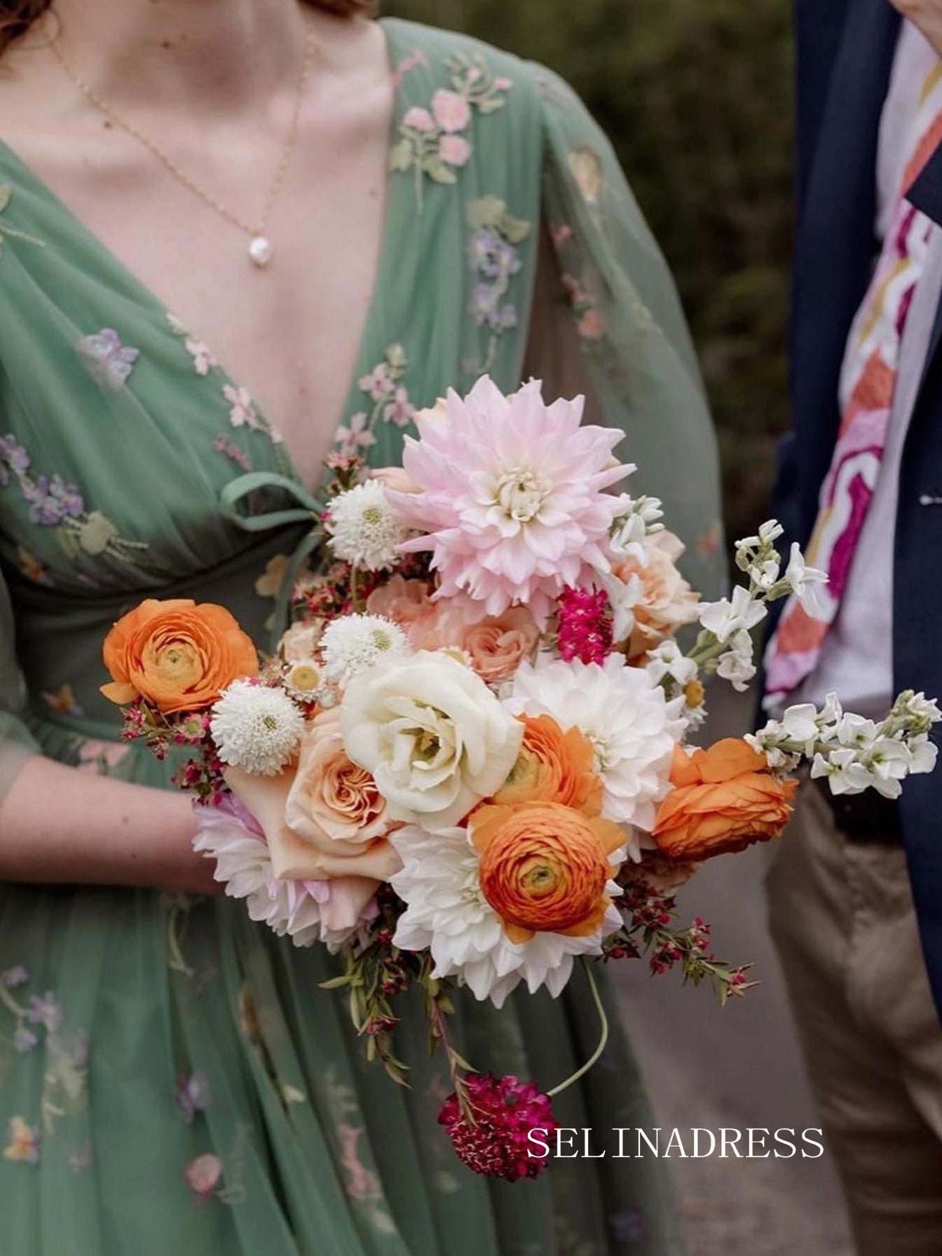 V neck Half Sleeve Flower Prom Dress Tea Length Green Evening Dresses SELINADRESS V neck Half Sleeve Flower Prom Dress Tea Length Green Evening Dresses SELINADRESS