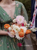 V neck Half Sleeve Flower Prom Dress Tea Length Green Evening Dresses SEA032|Selinadress