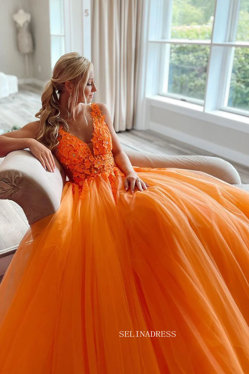 V-neck Orange Tulle Lace Applique Ball Gown Long Prom Dress sew1032 SELINADRESS V-neck Orange Tulle Lace Applique Ball Gown Long Prom Dress sew1032 SELINADRESS