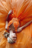 V-neck Orange Tulle Lace Applique Ball Gown Long Prom Dress sew1032