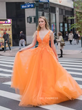 V-neck Orange Tulle Lace Applique Ball Gown Long Prom Dress sew1032