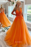 V-neck Orange Tulle Lace Applique Ball Gown Long Prom Dress sew1032|Selinadress