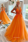 V-neck Orange Tulle Lace Applique Ball Gown Long Prom Dress sew1032|Selinadress