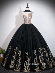 Vintage Black Gold Embroidered Sequins Prom Dresses Scoop Neck Backless Long Ball Gown LET013|Selinadress