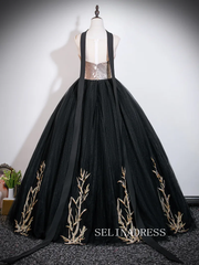 Vintage Black Gold Embroidered Sequins Prom Dresses Scoop Neck Backless Long Ball Gown LET013|Selinadress