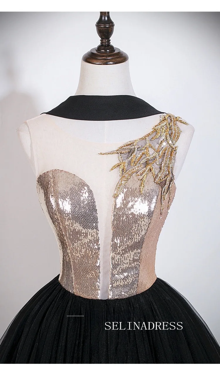 Vintage Black Gold Embroidered Sequins Prom Dresses Scoop Neck Backless Long Ball Gown LET013|Selinadress
