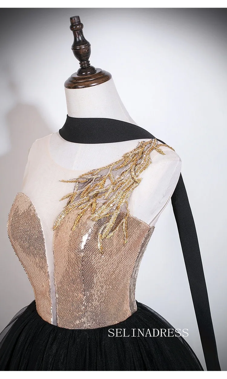 Vintage Black Gold Embroidered Sequins Prom Dresses Scoop Neck Backless Long Ball Gown LET013|Selinadress