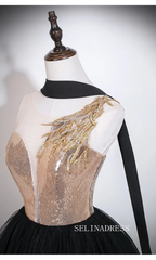 Vintage Black Gold Embroidered Sequins Prom Dresses Scoop Neck Backless Long Ball Gown LET013|Selinadress