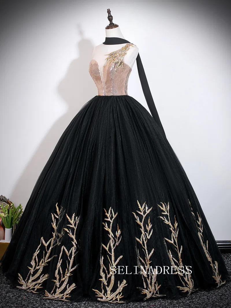 Vintage Black Gold Embroidered Sequins Prom Dresses Scoop Neck Backless Long Ball Gown LET013|Selinadress
