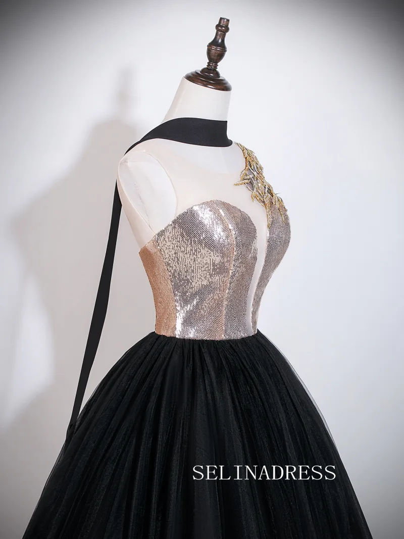 Vintage Black Gold Embroidered Sequins Prom Dresses Scoop Neck Backless Long Ball Gown LET013|Selinadress