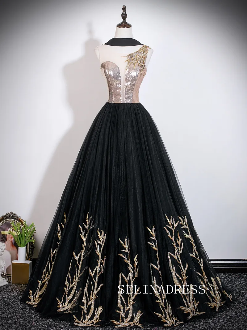 Vintage Black Gold Embroidered Sequins Prom Dresses Scoop Neck Backless Long Ball Gown LET013|Selinadress