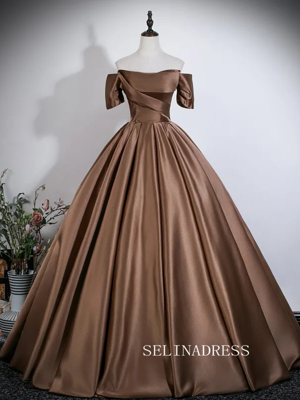 Vintage Brown Satin Prom Dresses Ball Gown Off-The-Shoulder Short Sleeve LET022|Selinadress