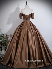 Vintage Brown Satin Prom Dresses Ball Gown Off-The-Shoulder Short Sleeve LET022|Selinadress