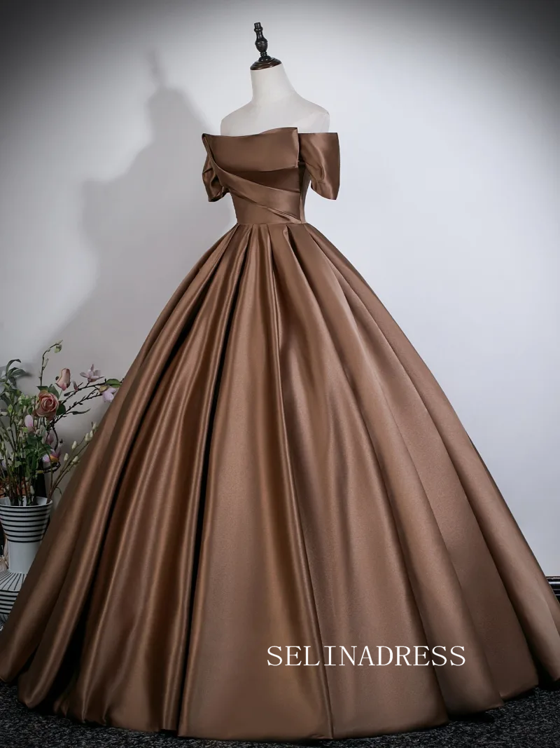 Vintage Brown Satin Prom Dresses Ball Gown Off-The-Shoulder Short Sleeve LET022|Selinadress