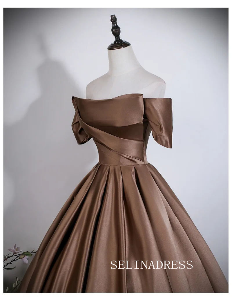 Vintage Brown Satin Prom Dresses Ball Gown Off-The-Shoulder Short Sleeve LET022|Selinadress