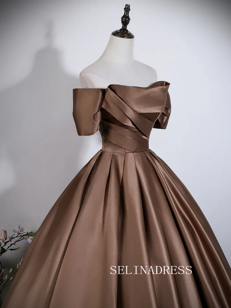 Vintage Brown Satin Prom Dresses Ball Gown Off-The-Shoulder Short Sleeve LET022|Selinadress