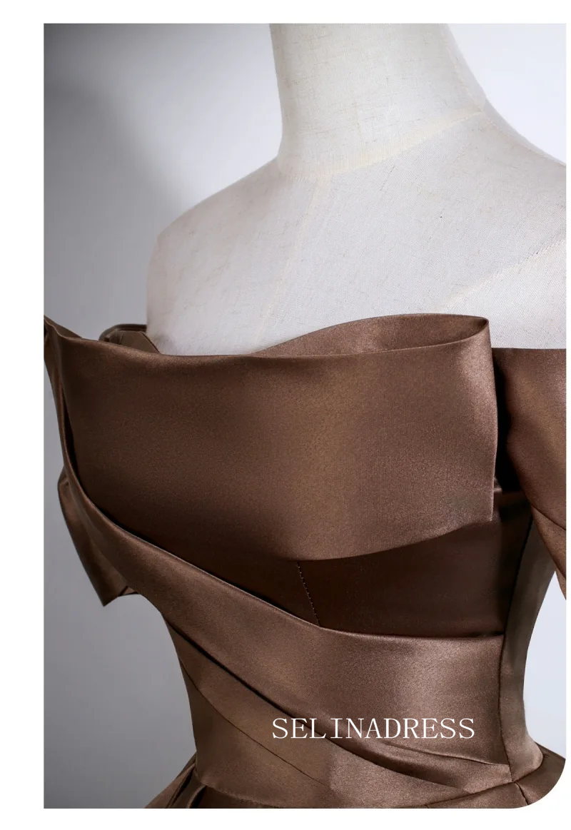 Vintage Brown Satin Prom Dresses Ball Gown Off-The-Shoulder Short Sleeve LET022|Selinadress
