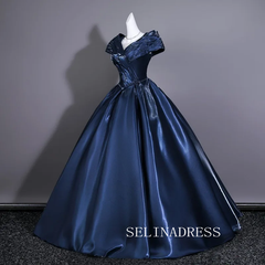 Vintage Navy Blue Satin Prom Dresses V-Neck Short Sleeve Long Ball Gown LET028|Selinadress