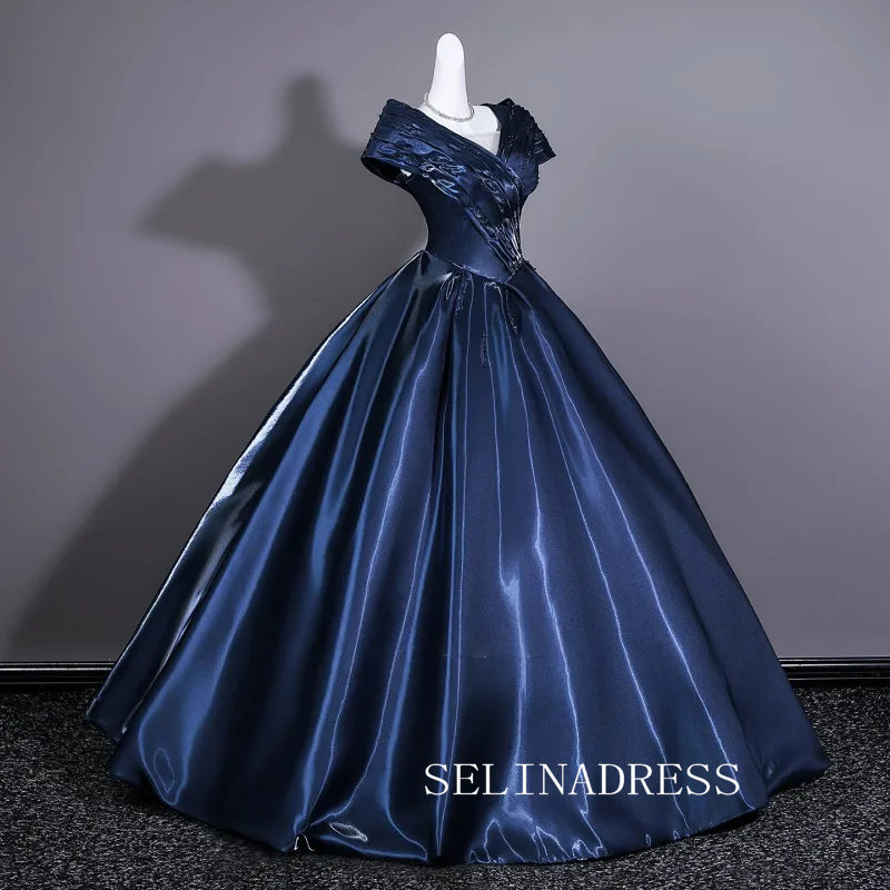 Vintage Navy Blue Satin Prom Dresses V-Neck Short Sleeve Long Ball Gown LET028|Selinadress