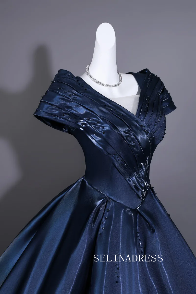 Vintage Navy Blue Satin Prom Dresses V-Neck Short Sleeve Long Ball Gown LET028|Selinadress