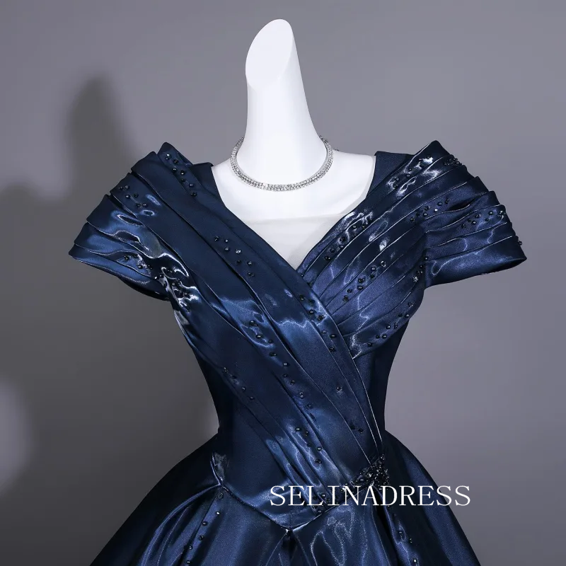 Vintage Navy Blue Satin Prom Dresses V-Neck Short Sleeve Long Ball Gown LET028|Selinadress