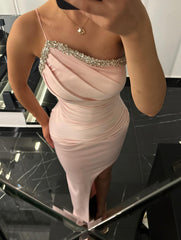 Cute Pink One Shoulder Red Satin Long Prom Dress With Silt lpk800|Selinadress