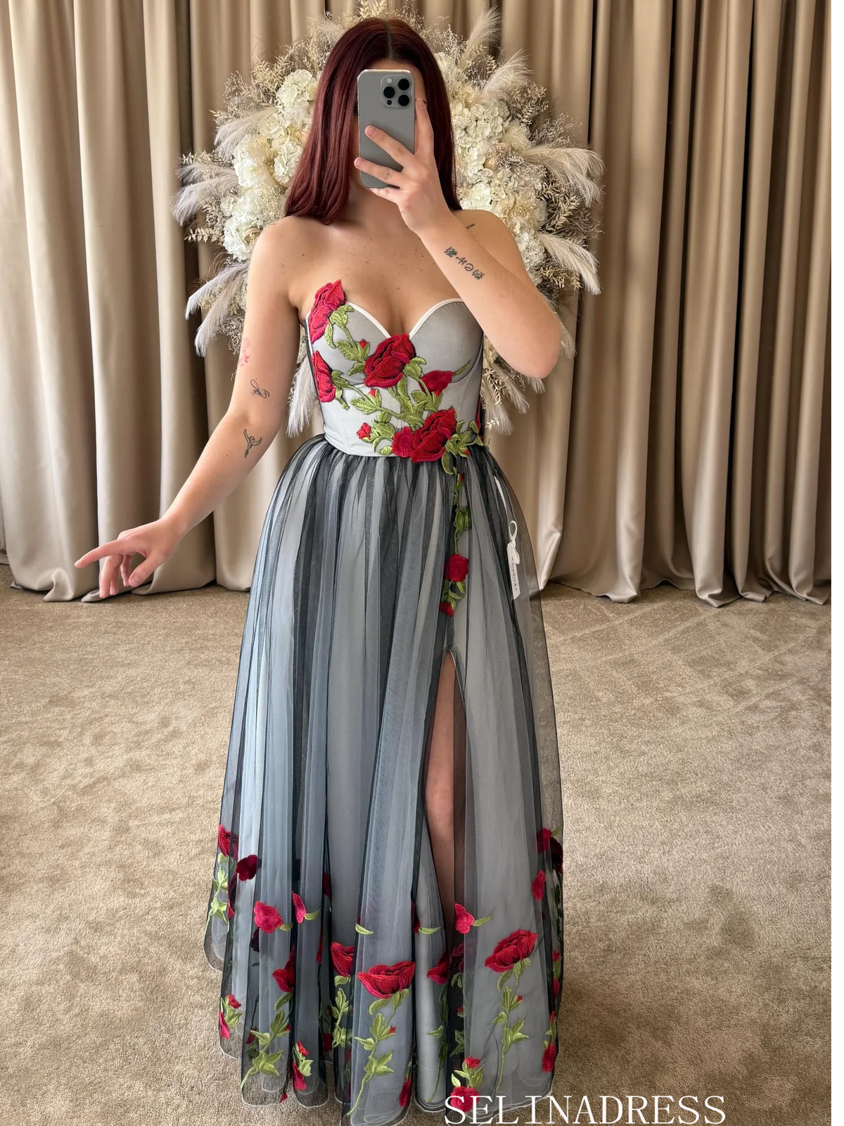 Wednesday Rose Embroidered Wedding Dress Black Tulle Overlay Romantic Floral Corset Gown TKL812|Selinadress