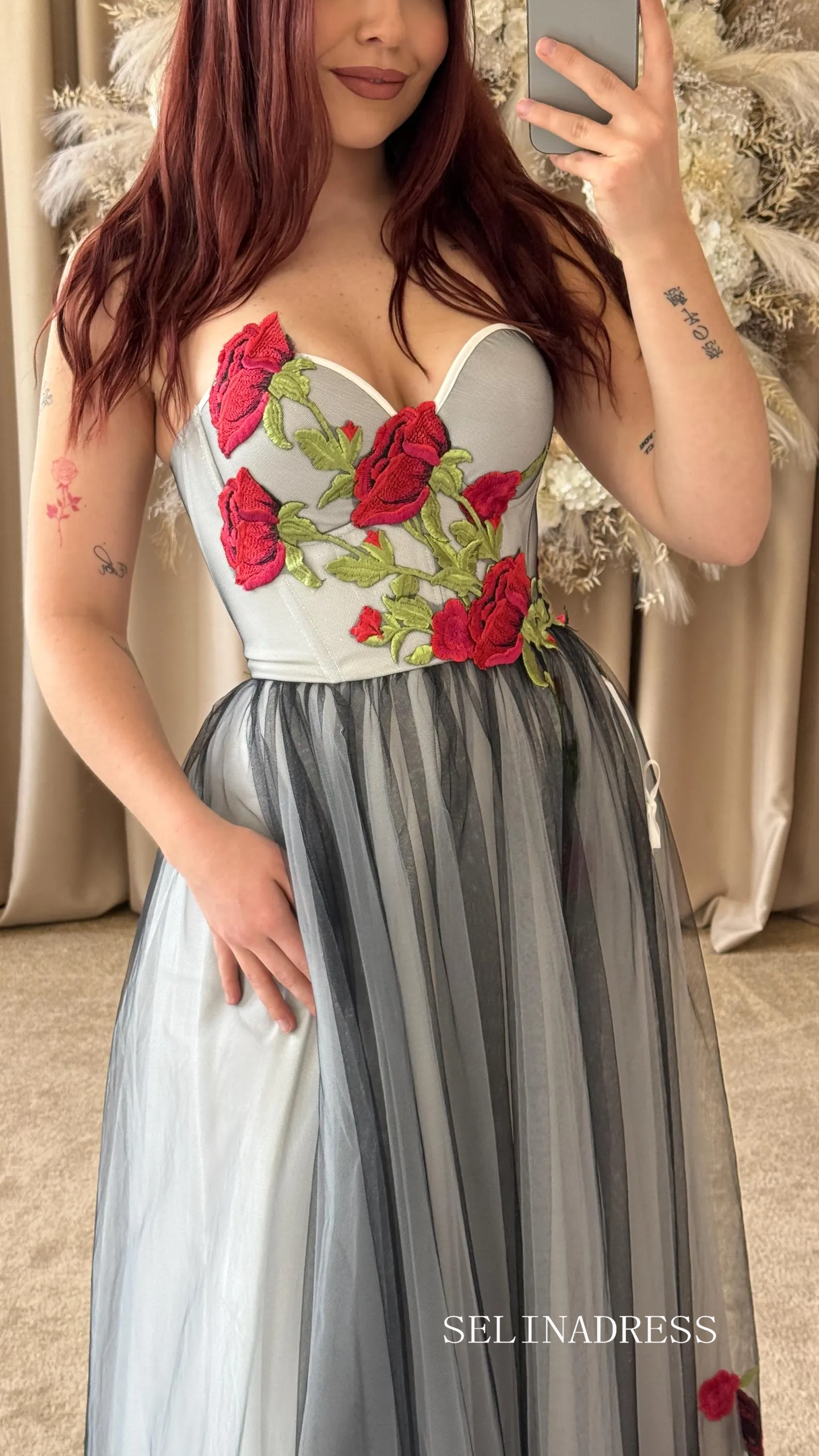 Wednesday Rose Embroidered Wedding Dress Black Tulle Overlay Romantic Floral Corset Gown TKL812 Wednesday Rose Embroidered Wedding Dress Black Tulle Overlay Romantic Floral Corset Gown TKL812