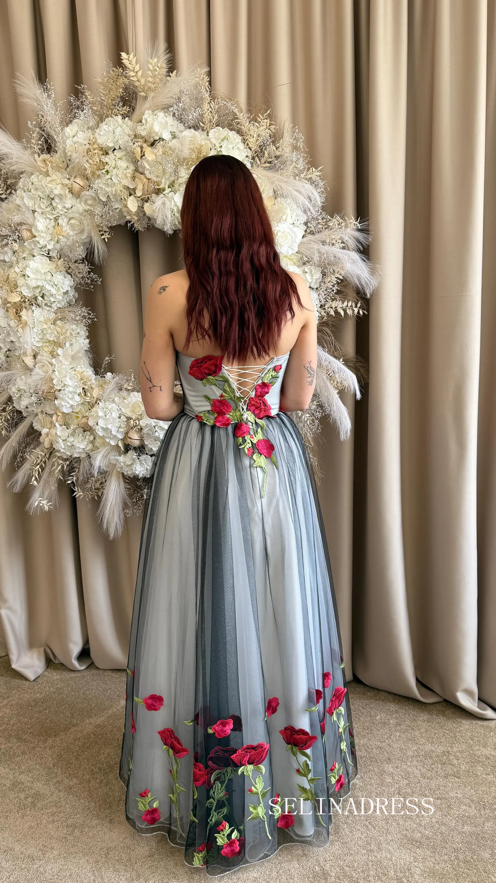 Wednesday Rose Embroidered Wedding Dress Black Tulle Overlay Romantic Floral Corset Gown TKL812 Wednesday Rose Embroidered Wedding Dress Black Tulle Overlay Romantic Floral Corset Gown TKL812