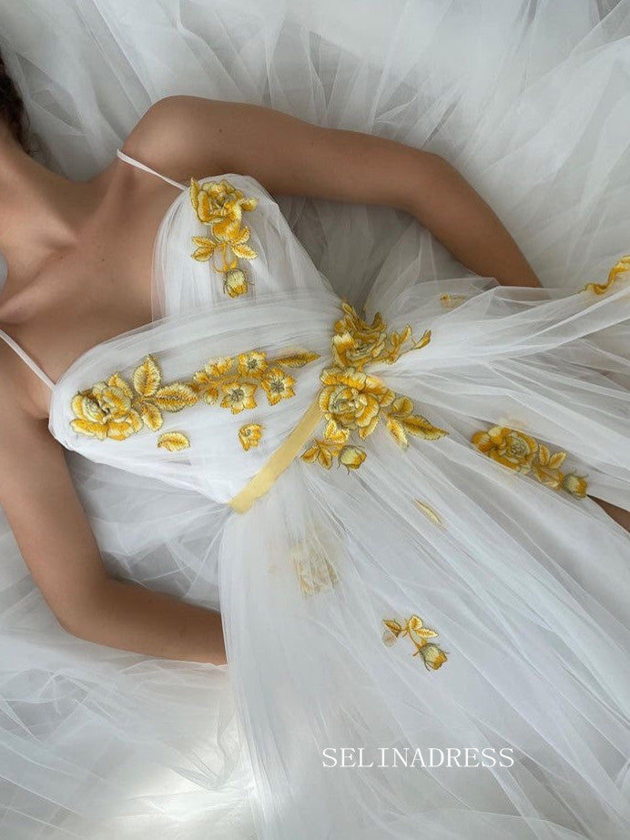 White A-line Straps Long Prom Dresses Gown With Slit TUN006|Selinadress