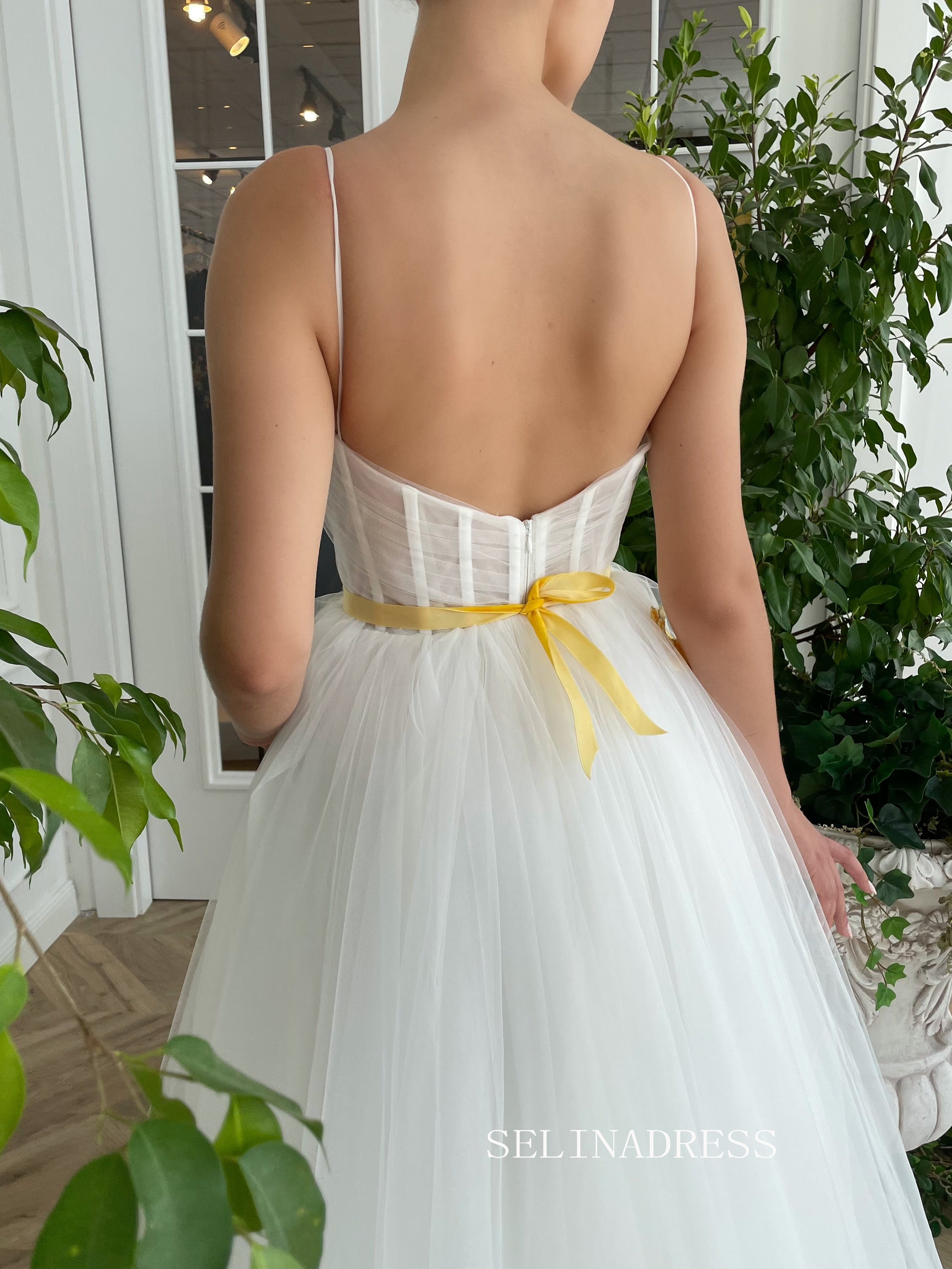 White A-line Straps Long Prom Dresses Gown With Slit TUN006|Selinadress