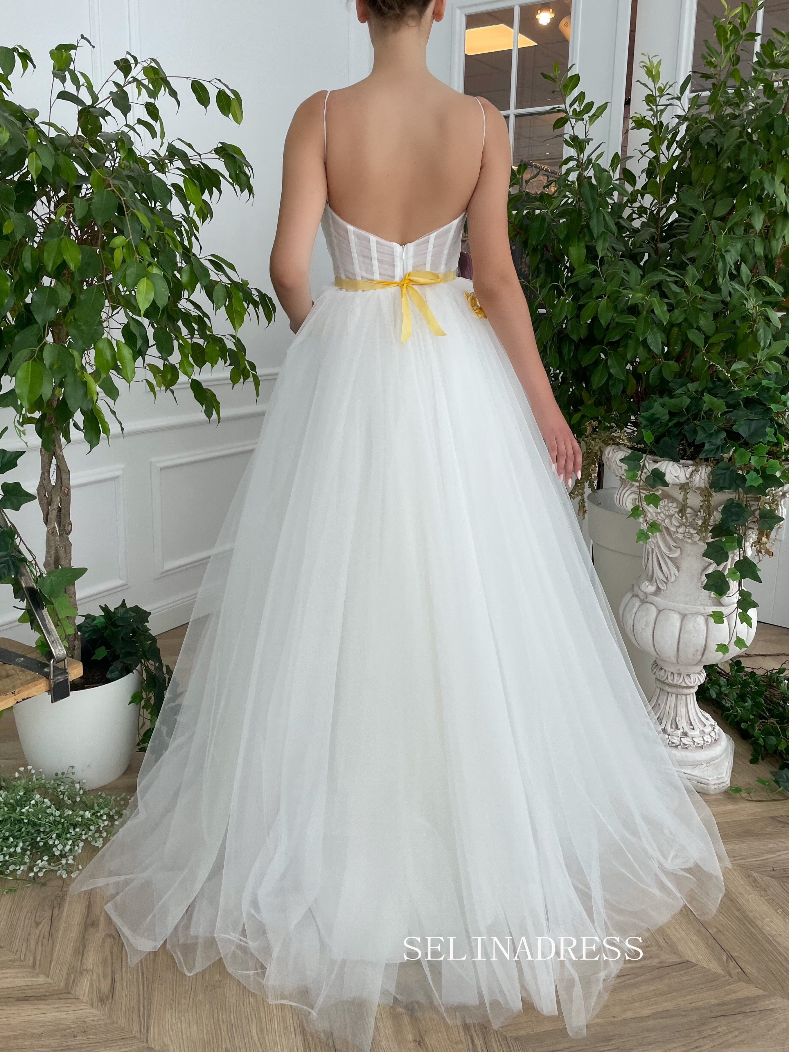 White A-line Straps Long Prom Dresses Gown With Slit TUN006|Selinadress