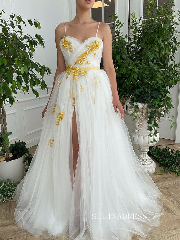White A-line Straps Long Prom Dresses Gown With Slit TUN006|Selinadress