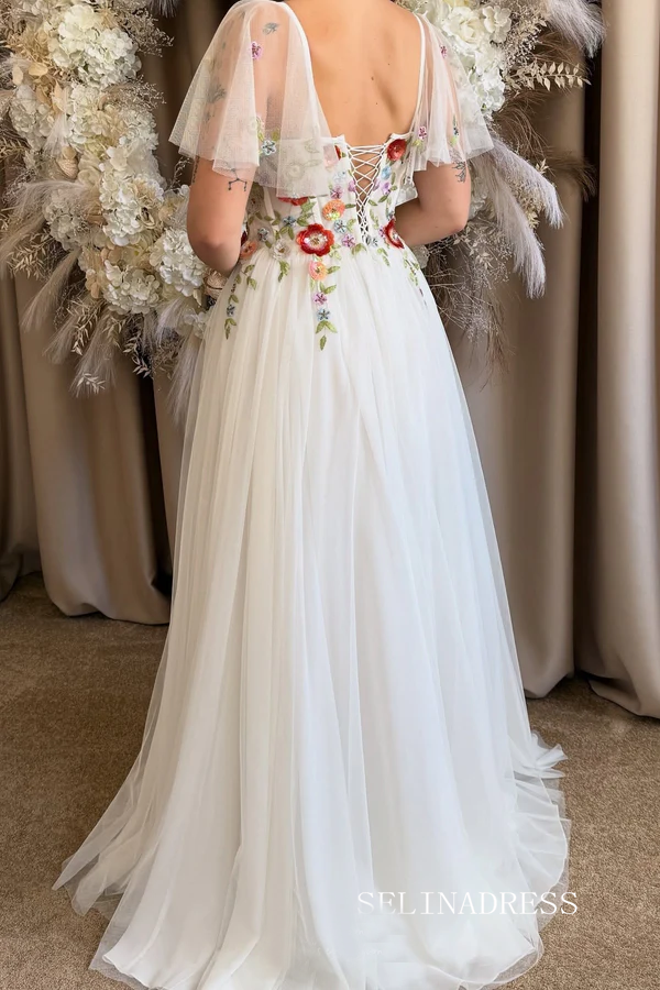 White Colorful Flowers Wedding Dress With Flutter Sleeves Sheer Corset Bodice, Slit TKL808|Selinadress