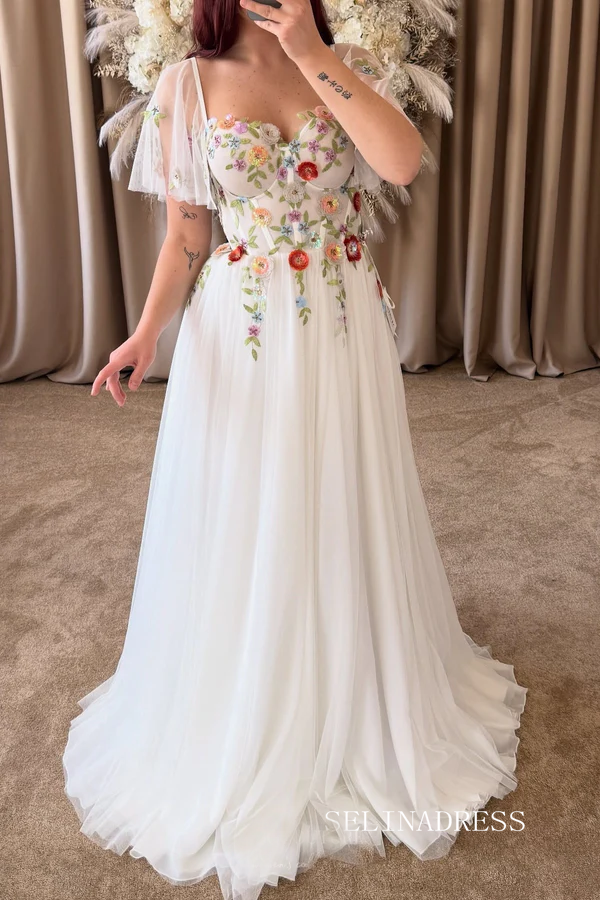 White Colorful Flowers Wedding Dress With Flutter Sleeves Sheer Corset SELINADRESS White Colorful Flowers Wedding Dress With Flutter Sleeves Sheer Corset SELINADRESS