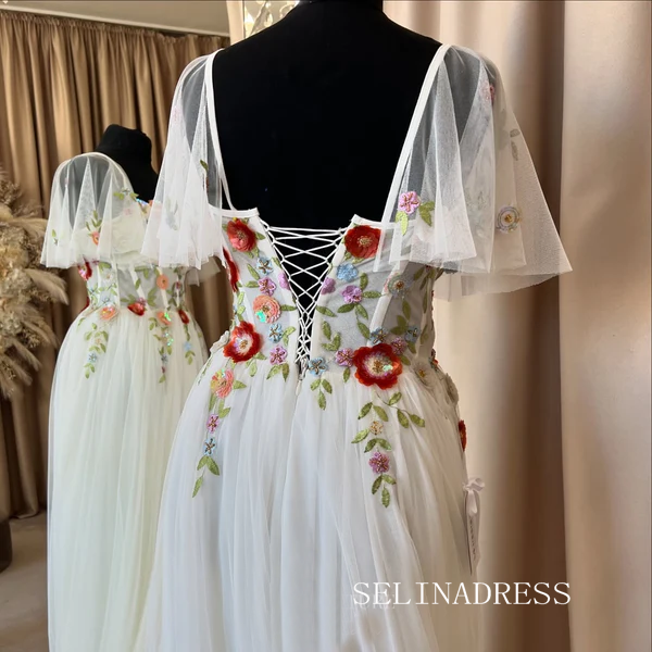 White Colorful Flowers Wedding Dress With Flutter Sleeves Sheer Corset –  SELINADRESS