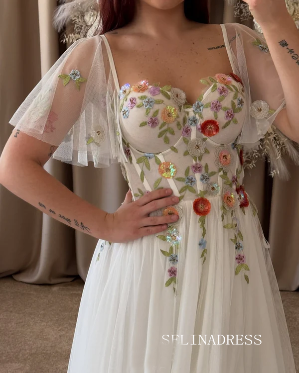 White Colorful Flowers Wedding Dress With Flutter Sleeves Sheer Corset   SELINADRESS